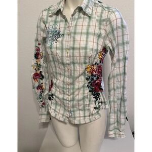 NWT $240 Johnny Was 3J Workshop Fairy Tales Women's Embroidered Plaid Button Top